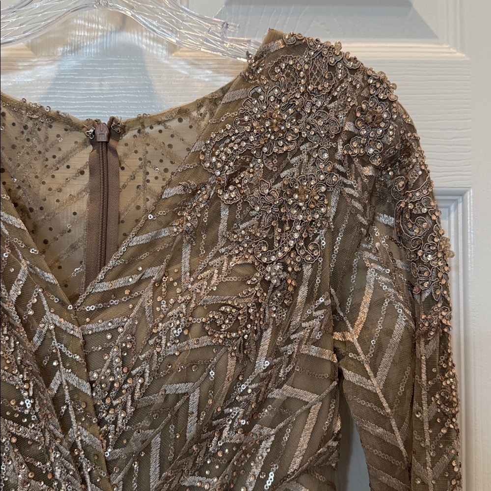 Mac Duggal 20189 Embellished Illusion Long Sleeve Wrap Over A Line Gown Sz 4 NWT - Picture 9 of 14